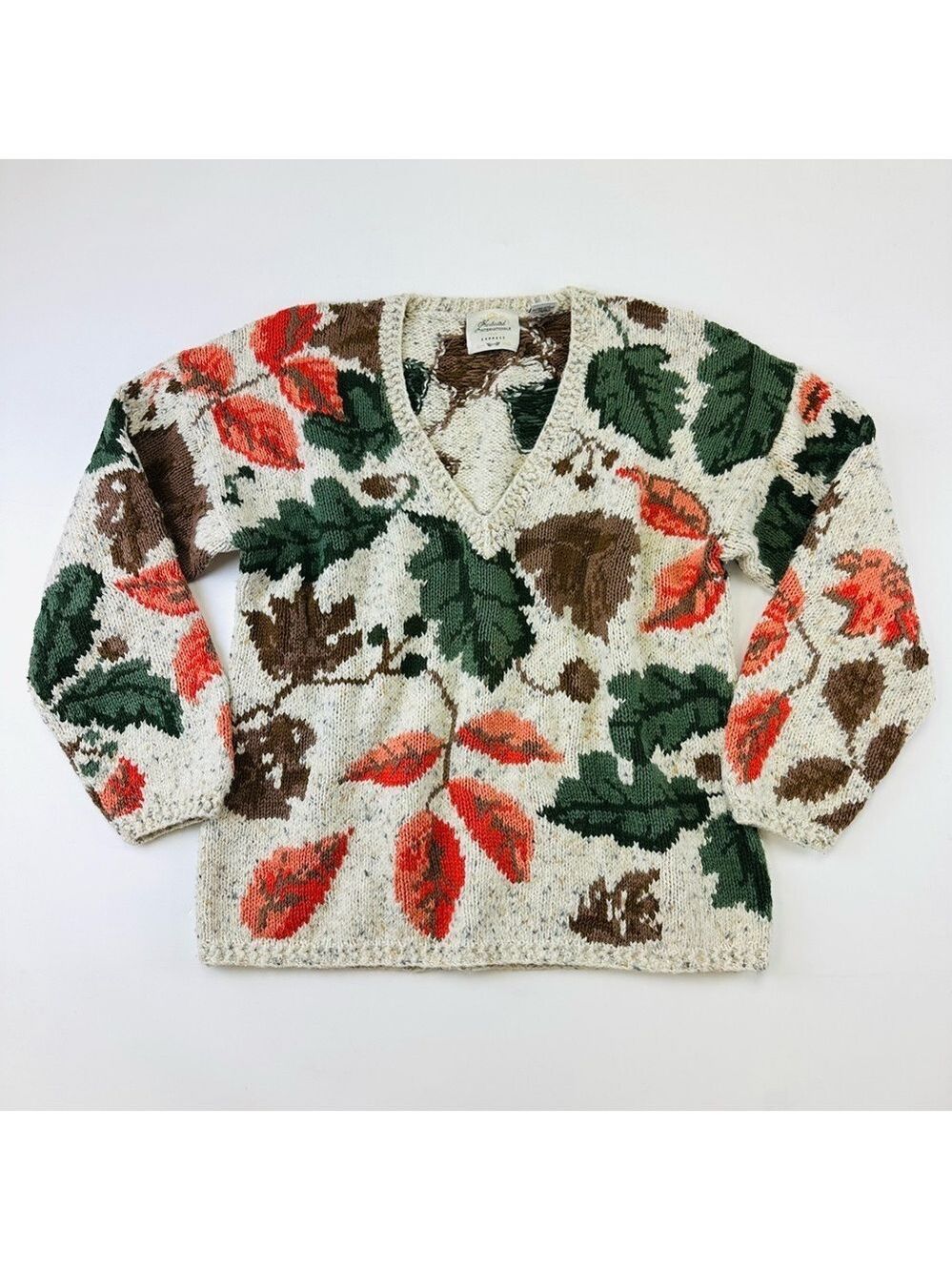 Vintage 90s autumn leaves Oversize Sweater Vneck Womens Medium